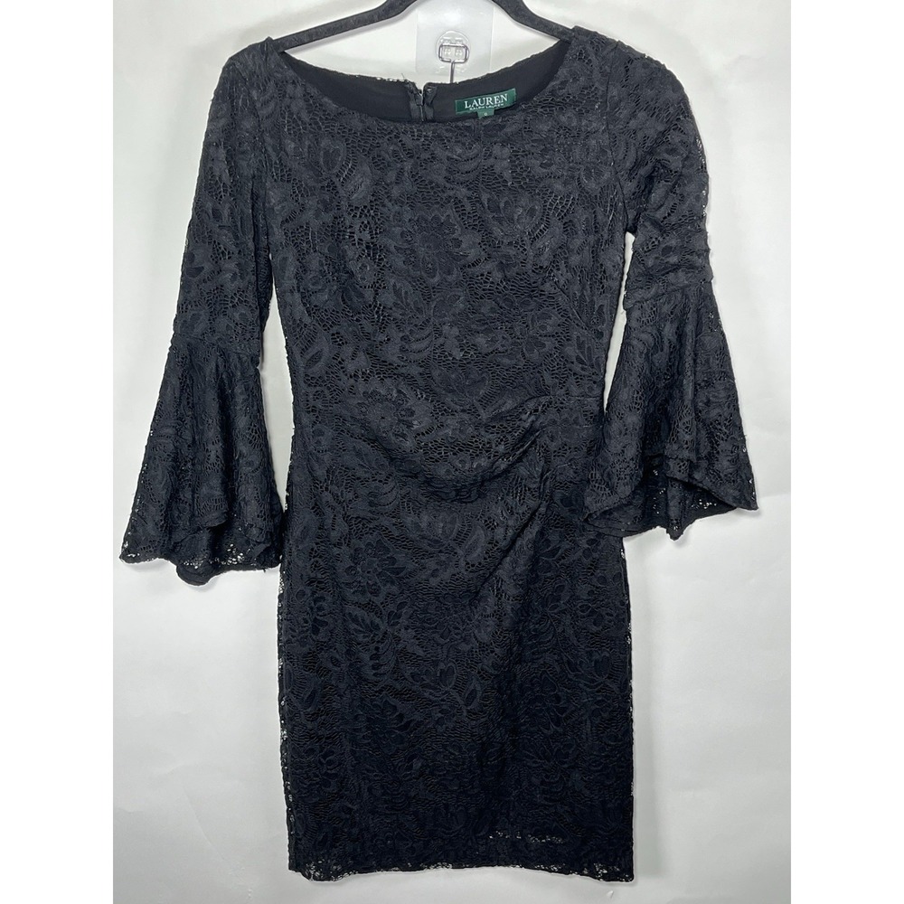 Lauren by Ralph Lauren Women's Bell-Sleeve Lace‎ Bodycon Dress Sz 0 Lined LBD